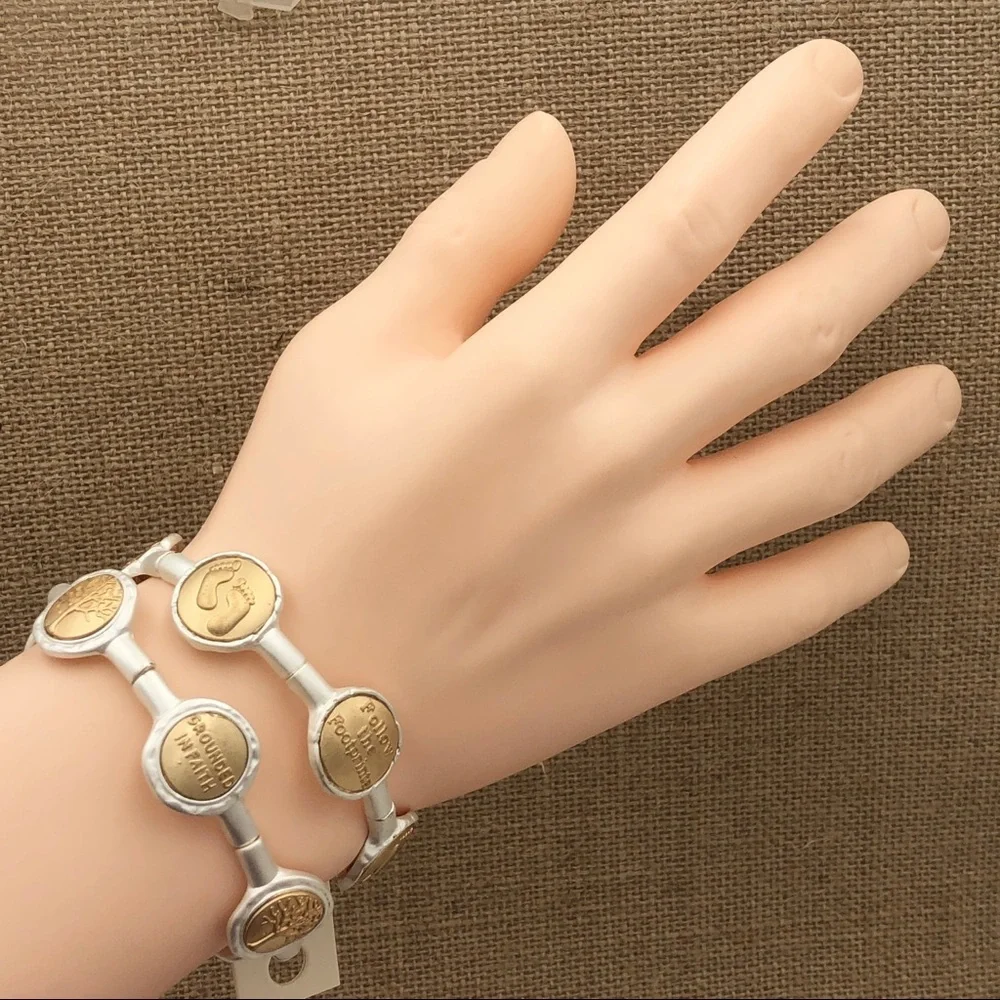 🌼 2-Tone Gold Silver Footprints or Tree of Life Metal Stretch Bracelet